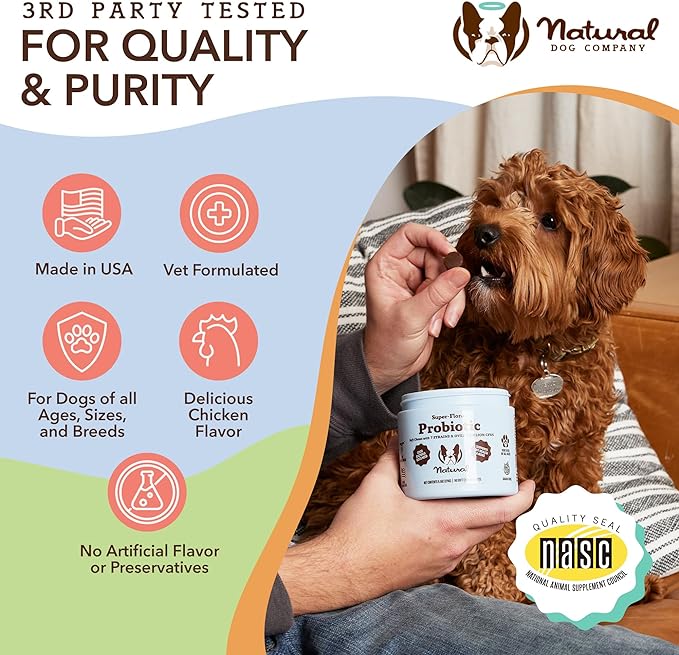 Natural Dog Company Probiotic Chews for Dogs (90 Bites), Chicken Flavor, Helps with Digestion & Gut Health Supports Immune System, Probiotics Supplement for Dogs of All Ages, Sizes & Breeds.