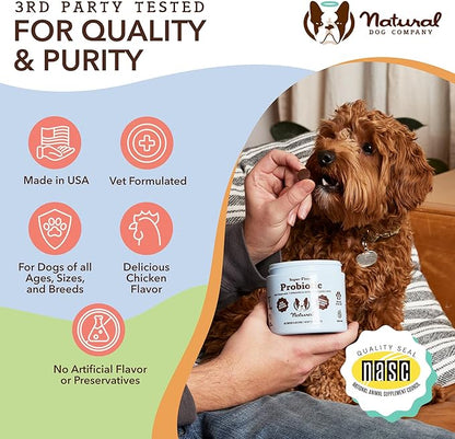 Natural Dog Company Probiotic Chews for Dogs (90 Bites), Chicken Flavor, Helps with Digestion & Gut Health Supports Immune System, Probiotics Supplement for Dogs of All Ages, Sizes & Breeds.