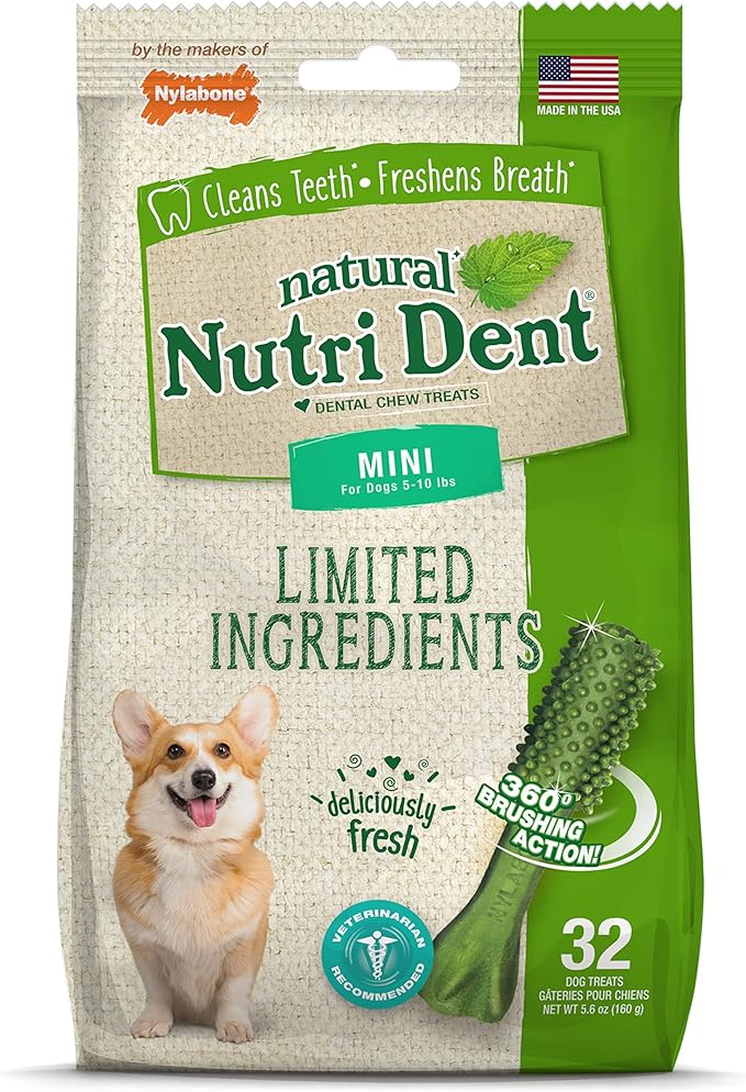 Nylabone Nutri Dent Dog Dental Chews - Natural Dog Teeth Cleaning & Breath Freshener - Dental Treats for Dogs - Fresh Breath Flavor, Mini (32 Count)