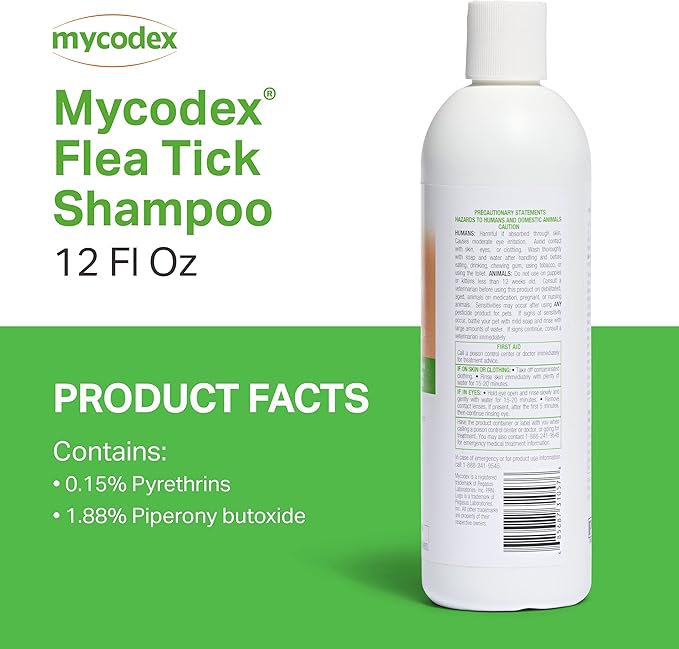 PRN Pharmacal Mycodex Flea and Tick Shampoo P3 - Sensitive Skin Shampoo for Dogs & Cats - with Oatmeal, Lanolin, & Aloe - Removes Dandruff, Dirt, & Scales While Killing Fleas, Ticks & Lice - 12 Fl Oz