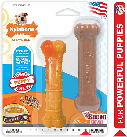 Nylabone Puppy Power Chew Toy - Tough and Durable Puppy Chew Toy for Teething - Puppy Supplies - Bacon & Beef Broth Flavor, Small (2 Count)