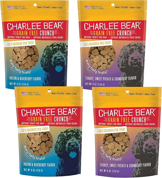 Charlee Bear Grain Free Bear Crunch Dog Treats 2 Flavor Variety Bundle: (2) Bacon & Blueberry Flavor and (2) Turkey, Sweet Potato & Cranberry Flavor, 8 Ounces Each (4 Pack)