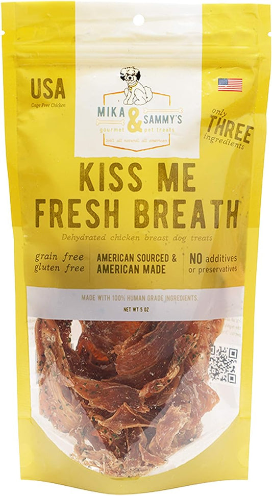 Gourmet Jerky Dog Treats - Natural Dog Treat Chicken Jerky for Dogs, Nutritious and Tasty Dog Jerky Treats Made in USA only, Cage-Free Chicken, No Additives (Mika & Sammy's Kiss Me Fresh Breath 5 oz)
