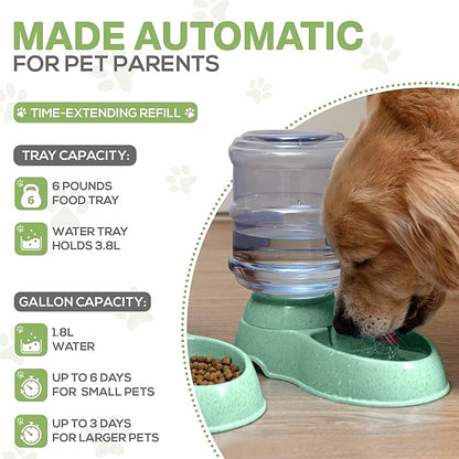 2 Pack Self Feeding Dog Food and Water Dispenser - 3.75L Automatic Pet Feeder for Small & Medium Dogs, Spill Proof Gravity Cat Feeder and Water Dispenser (Green)