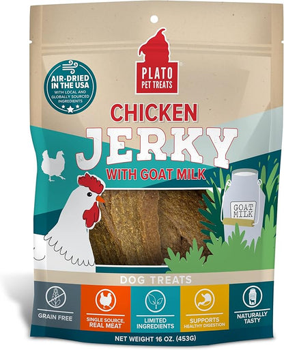 PLATO Pet Treats Air Dried, Real Meat, Chicken Jerky with Goat's Milk Dog Treats, 16oz, Made in The USA, Grain Free
