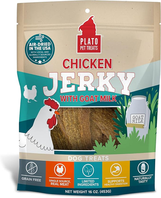PLATO Pet Treats Air Dried, Real Meat, Chicken Jerky with Goat's Milk Dog Treats, 16oz, Made in The USA, Grain Free