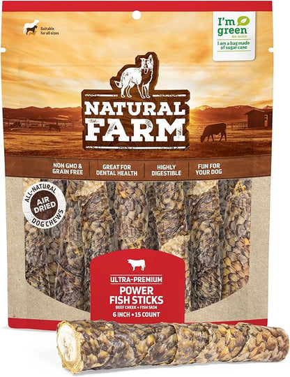 Natural Farm Power Fish Sticks Dog Chews (6”, 15-Pack), 2-in-1 Power Chews: Premium Beef Cheek Wrapped in Crunchy Tilapia Skin, Rich in Omega 3s, Long Lasting Protein Chew with Health Benefits