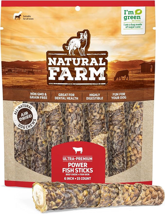 Natural Farm Power Fish Sticks Dog Chews (6”, 15-Pack), 2-in-1 Power Chews: Premium Beef Cheek Wrapped in Crunchy Tilapia Skin, Rich in Omega 3s, Long Lasting Protein Chew with Health Benefits
