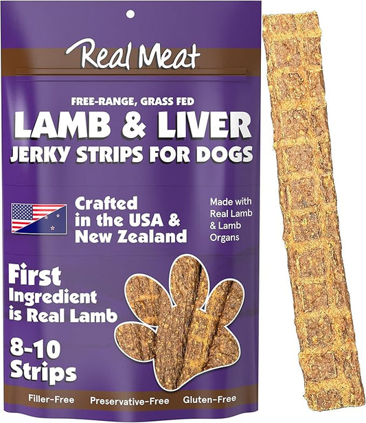 Real Meat Lamb & Liver Jerky Dog Treats - 8 Air-Dried Strips of Jerky Treats for Dogs - Grain-Free Jerky Treats Dog Snacks Made up of 95% Human-Grade Free-Range Lamb - All-Natural Dog Jerky Strips