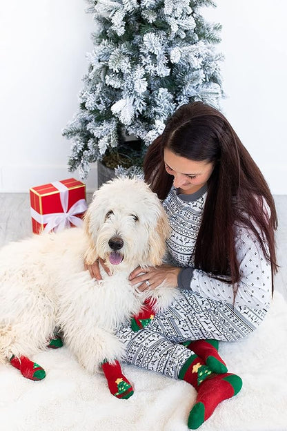 Pearhead Matching Human and Dog Apparel, Christmas Socks Set for Dog and Owner, Green and Red Christmas Tree Dog Socks and Adult Socks
