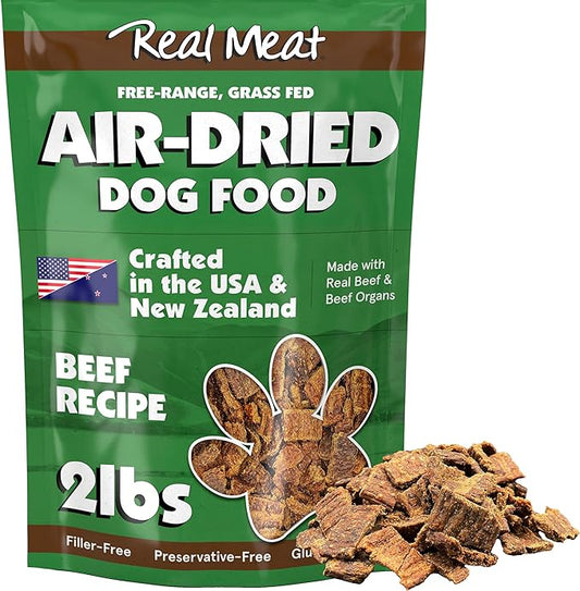 Real Meat Air Dried Dog Food w/Real Beef - 2lb Bag of USA-Crafted Grain-Free Real Meat Dog Food Sourced from Hormone-Free, Free-Range, Grass-Fed Beef - Digestible, All Natural, High Protein Beef
