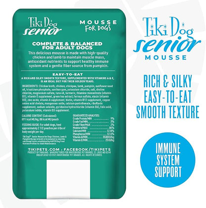 Tiki Dog Senior Mousse Wet Dog Food, Chicken, Lamb & Pumpkin Recipe, 3.5 oz. Pouch (12 Count)