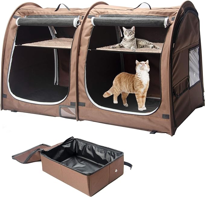 Mispace Portable Twin Compartment Show House Cat Cage/Condo - Easy to Fold & Carry Kennel - Comfy Puppy Home & Dog Travel Crate with Portable Carry Bag/Two Hammocks/Mats and Collapsible Litter Box