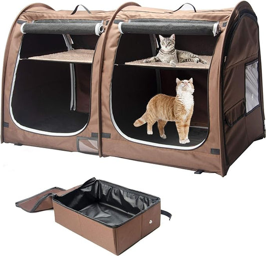 Mispace Portable Twin Compartment Show House Cat Cage/Condo - Easy to Fold & Carry Kennel - Comfy Puppy Home & Dog Travel Crate with Portable Carry Bag/Two Hammocks/Mats and Collapsible Litter Box