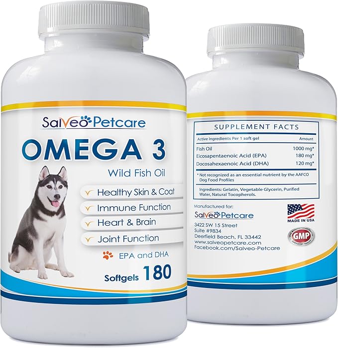 Omega 3 Fish Oil for Dogs - Natural Pet Supplement for Shiny Coat - Wild Caught More EPA & DHA Than Salmon Oil - 180 Capsules No Fishy Smell or Mess - Ideal for Medium Large Dogs