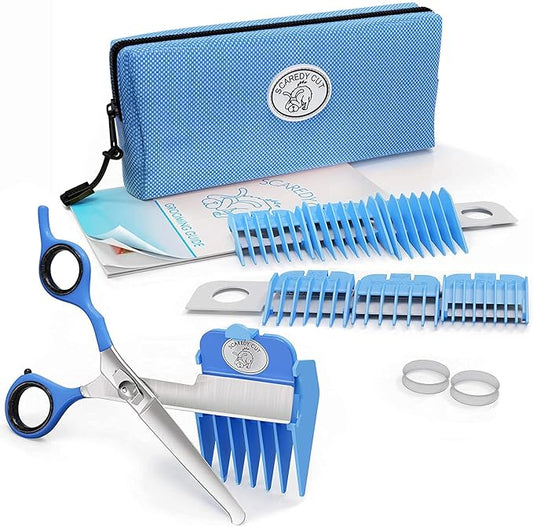 SCAREDY CUT Silent Pet Grooming Kit for Dog, Cat and all Pet Grooming - A Quiet Alternative to Electric Clippers for Sensitive Pets (Left-Handed Blue)