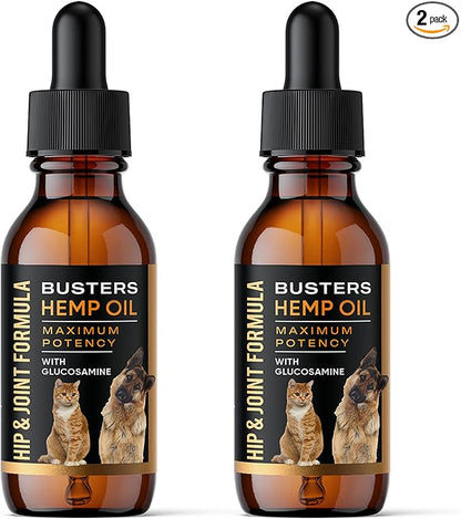 Busters Hip and Joint Hemp Oil for Dogs Formula with Glucosamine, 2Pack 2Month Supply, Pain Relief for Cats, and Pets, Advanced Mobility Support