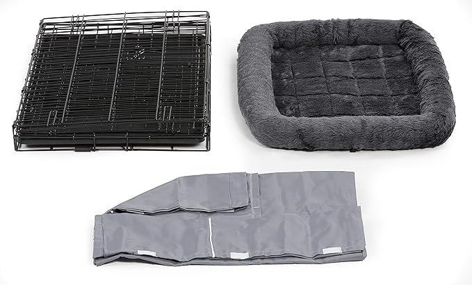 MidWest Homes for Pets Double Door Dog Crate Kit Includes One Two-Door Matching Gray Bed & Crate Cover, 30-Inch Kit Ideal for Medium Dog Breeds