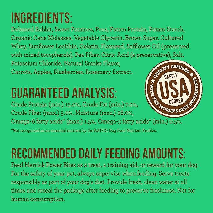 Merrick Power Bites Natural Soft And Chewy Real Meat Dog Treats, Grain Free Snack With Real Rabbit Recipe - 6 oz. Bag