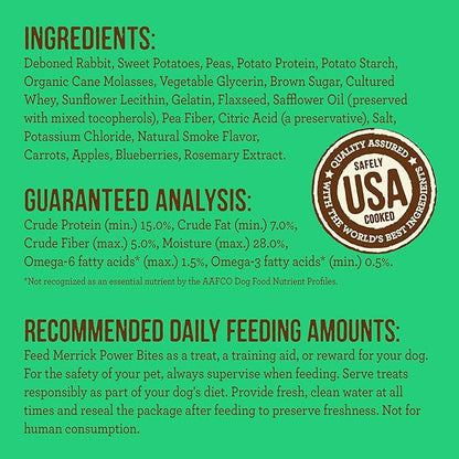 Merrick Power Bites Natural Soft And Chewy Real Meat Dog Treats, Grain Free Snack With Real Rabbit Recipe - 6 oz. Bag