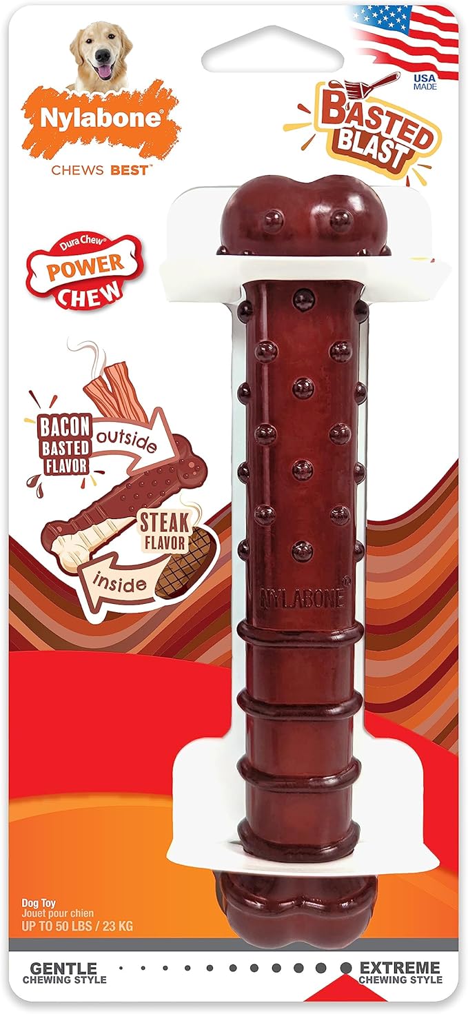 Nylabone Power Chew Classic Bone Chew Toy for Dogs, Durable Dog Toys for Aggressive Chewers, Basted Blast Bacon & Steak Flavor, Large/Giant (1 Count)