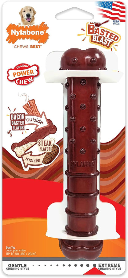 Nylabone Power Chew Classic Bone Chew Toy for Dogs, Durable Dog Toys for Aggressive Chewers, Basted Blast Bacon & Steak Flavor, Large/Giant (1 Count)