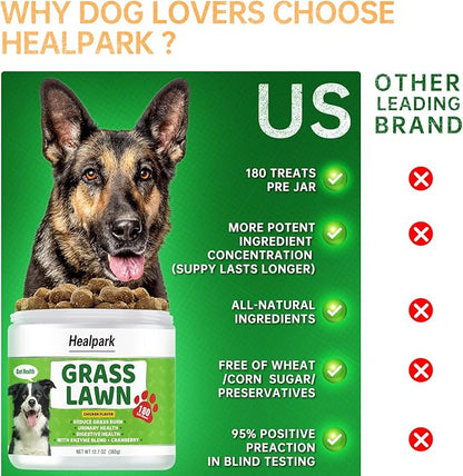 Grass Burn Spot Chews for Dogs - Dog Pee Lawn Spot Saver Caused by Dog Urine - Grass Treatment Rocks - DL-Methionine + Cranberry + Digestive Enzymes - Dog Urine Neutralizer for Lawn - 180 Soft Treats