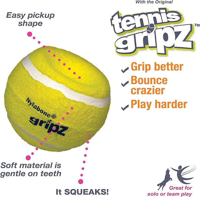 Nylabone Power Play Tennis Gripz Fetch Toy, Squeaky Tennis Ball Chew Toy for Dogs, Large (2 Count)