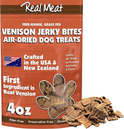 Real Meat Dog Treats - 4oz Bag of Bite-Sized Air-Dried Venison Jerky for Dogs - Grain-Free Jerky Dog Treats Made up of 95% Human-Grade, Free-Range, Grass Fed Venison - Natural High Protein Dog Treats