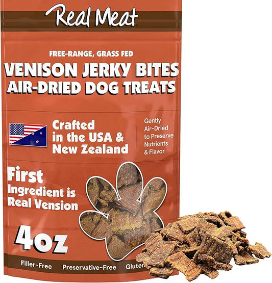 Real Meat Dog Treats - 4oz Bag of Bite-Sized Air-Dried Venison Jerky for Dogs - Grain-Free Jerky Dog Treats Made up of 95% Human-Grade, Free-Range, Grass Fed Venison - Natural High Protein Dog Treats