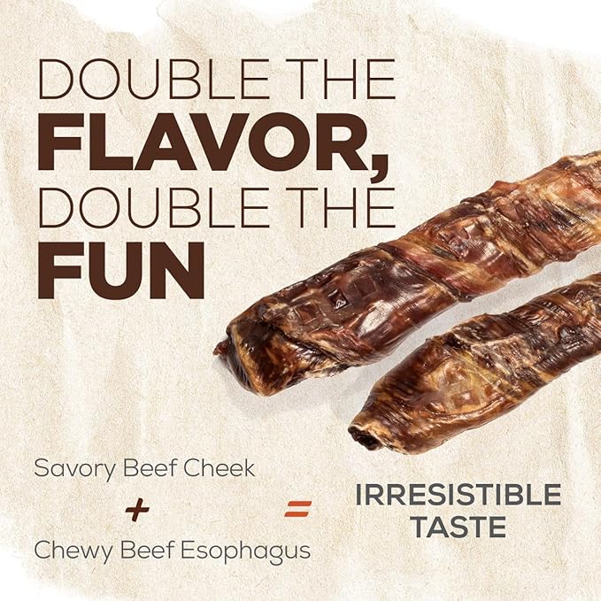 Natural Farm Power Beef Sticks Dog Chews (6”, 15-Pack), 2-in-1 Power Chews: Premium Beef Cheek Wrapped in Beef Esophagus for Double Chewing Time, Promotes Dental Health, Great for Medium Dogs