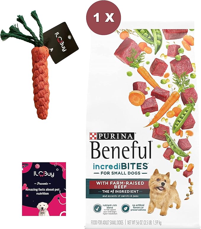 Beneful Incredibites for Small Dogs Nutritious Small Breed - Beef Flavor - 3.5 lb Bag. Bundle Includes a Dog Toy Carrot and a Pet Nutrition Booklet