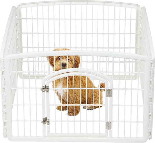 IRIS USA Dog Playpen, 4-Panel 24" Pet Playpen with Door, Puppy Playpen, Indoor/Outdoor Dog Pen, 35 x 35 x 24, Foldable, Customizable, White