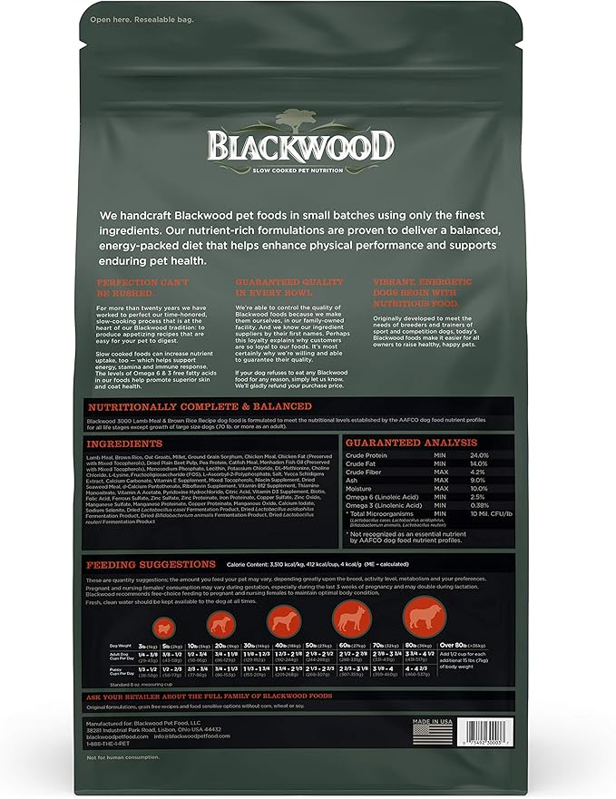 Blackwood Dog Food Made in USA Slow Cooked Dry Dog Food [Natural Dog Food For All Breeds and Sizes], Lamb Meal & Brown Rice Recipe, 15 lb. Resealable Bag To Preserve Freshness