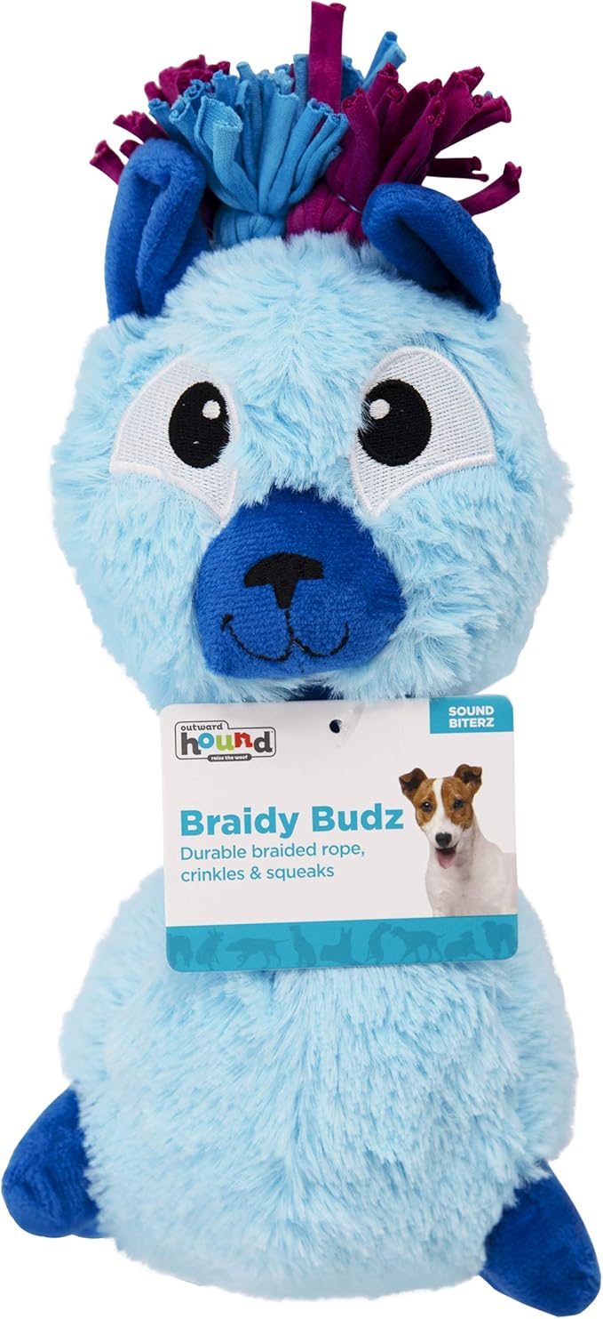 Outward Hound Braidy Budz Blue Llama Dog Toy - Cozy Plush Outside with Twisted Braided Jersey Inside, Small
