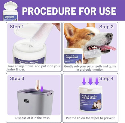 50 Counts Pet Teeth Cleaning Dental Finger Wipes for Dogs & Cats, Reduces Plaque & Freshens Breath No-Rinse Dog Teeth Care Finger Wipes, Easy to Use Disposable Gentle Cleaning & Gum Care Pet Wipes