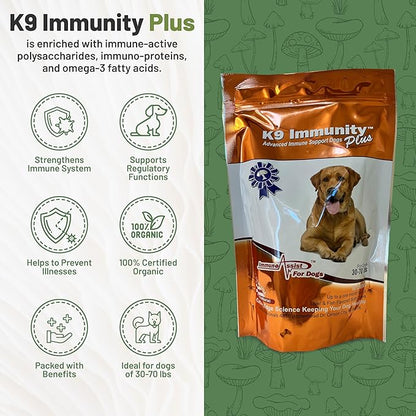 K9 Immunity Plus - Potent Immune Booster for Dogs 30-70 lbs - Certified Organic – Mushroom Enhanced Supplement - Veterinarian Recommended Dog Health Supplement - 60 Chews 2 Pack