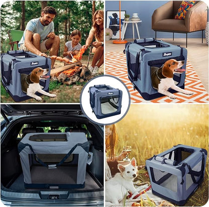 JESPET 36'' Soft Pet Crates Kennel, 3 Door Soft Sided Folding Travel Pet Carrier with Straps and Fleece Mat for Dogs, Cats, Indoor/Outdoor Use with Black (36" L x 24" W x 27" H, Grey)