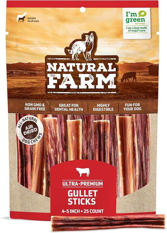 Natural Farm Gullet Sticks (4-5 Inch, 25 Pack), Grain-Free, Preservative-Free & Fully Digestible Beef Esophagus – Gentle Yet Effective Fun - Best for Light, Pups & Senior Chewers