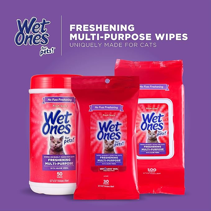 Wet Ones for Pets Freshening Multipurpose Wipes for Cats with Aloe Vera | Easy to Use Cat Cleaning Wipes, Freshening Cat Grooming Wipes for Pet Grooming in Fresh Scent| 100 ct Pouch Cat Wipes