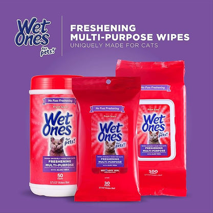 Wet Ones for Pets Freshening Multipurpose Wipes for Cats with Aloe Vera | Easy to Use Cat Cleaning Wipes, Freshening Cat Grooming Wipes for Pet Grooming in Fresh Scent| 100 ct Pouch Cat Wipes