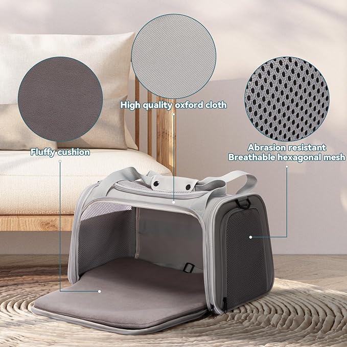 PETSFIT Dog Carrier for Small Dogs, Cat carrier for 2 Cats Under 25 Lbs, Collapsible Travel Puppy Carrier, Pet Carrier with Cozy Extendable Mat (Large, Grey)