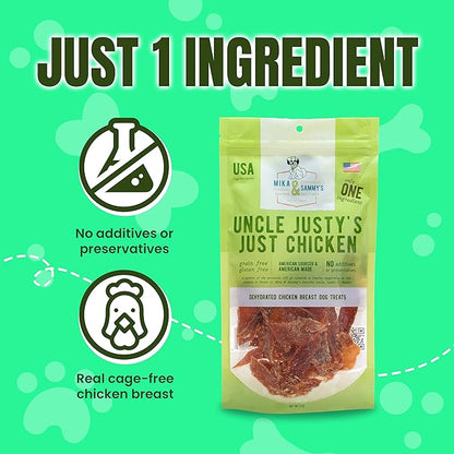 Gourmet Jerky Dog Treats - Natural Dog Treat Chicken Jerky for Dogs, Nutritious and Tasty Dog Jerky Treats Made in USA only, Cage-Free Chicken, No Additives(Mika & Sammy's Unlcle Justy's 5 oz)