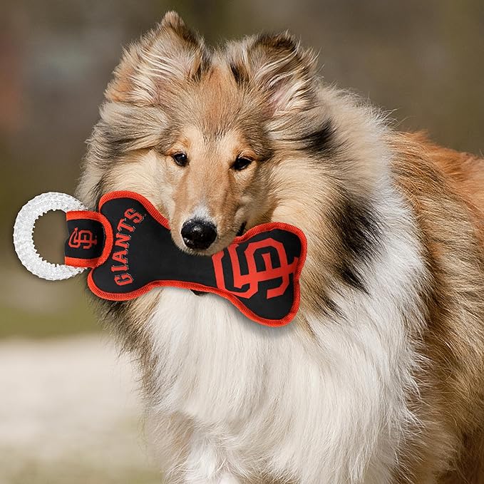 MLB San Francisco Giants Bone Shaped DENTAL DOG TUG TOY with SQUEAKER. TOUGH PET TOY for Healthy Fun, Teething, and Cleaning pet's teeth and gum.