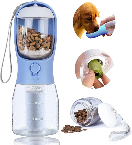 Dog Water Bottle with Food Container, Portable Pet Dog Water Dispenser for Outdoor Walking,Hiking,Travel,Puppy essentials,Puppy supplies,Replaceable Waste Bags