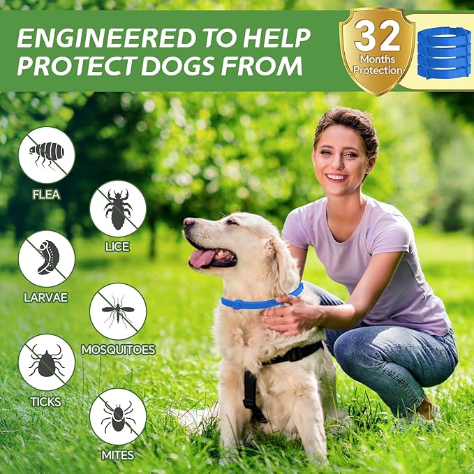 4 Pack Flea Collar for Dogs, Natural Flea and Tick Collar for Dogs, 8-Month Flea and Tick Prevention for Dogs, Dog Flea & Tick Control, Water Resistant Dog Flea Collar for Dogs Puppies, Blue