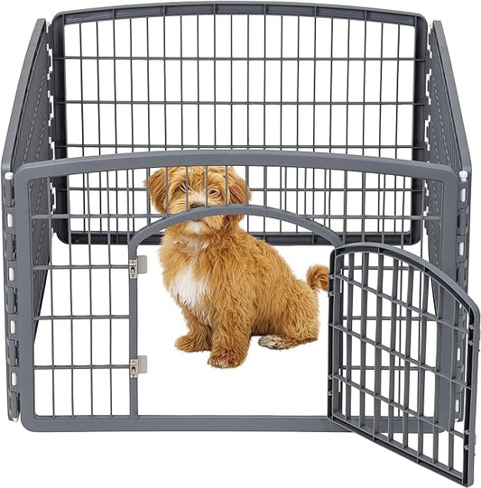 IRIS USA Dog Playpen, 4-Panel 24" Pet Playpen with Door, Puppy Playpen, Indoor/Outdoor Dog Pen, 35 x 35 x 24, Foldable, Customizable, Dark Gray