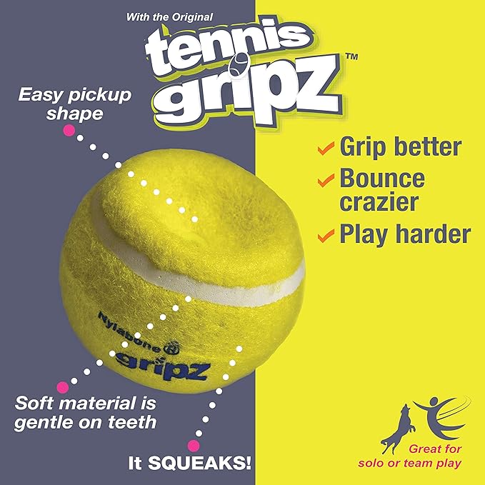 Nylabone Power Play Tennis Gripz Fetch Toy, Squeaky Tennis Ball Chew Toy for Dogs, Large (2 Count)