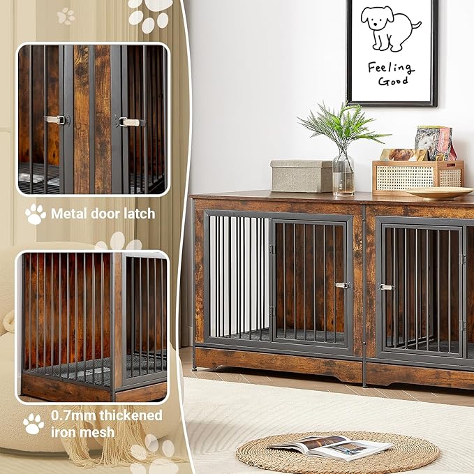 75'' Double Dog Crate Furniture for 2 Large Dogs, Heavy Duty Dog Crate, Furniture Style Dog Crate End Table, Wood Crates for Dogs Kennel Indoor, Decorative Dog Crate with Double Door, Brown