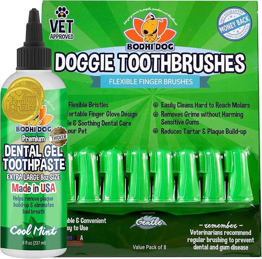 Bodhi Dog Dental Gel Reduces Tartar and Freshens Bad Breath + 8-Pack Gentle Disposable Finger Toothbrush | Soft & High-Grade Dog Toothbrush with Silicone Bristles | Oral Care or Dental Care Bundle